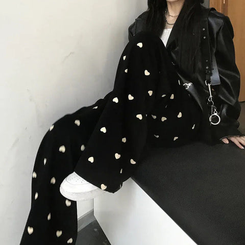 High Waist Heart Full Printed Wide Leg Loose Pants