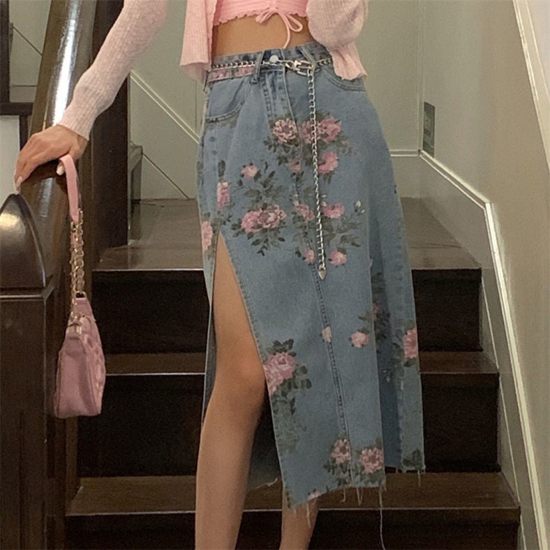 Vintage Flowers Sexy Open Long Denim Skirts