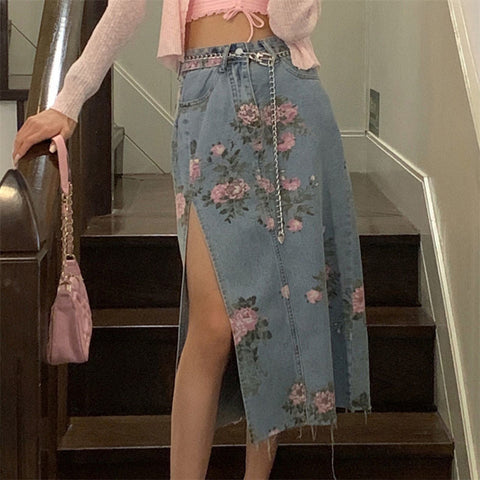 Vintage Flowers Sexy Open Long Denim Skirts
