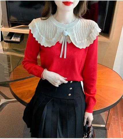 Bow Spliced Peter Pan Collar Slim Sweater