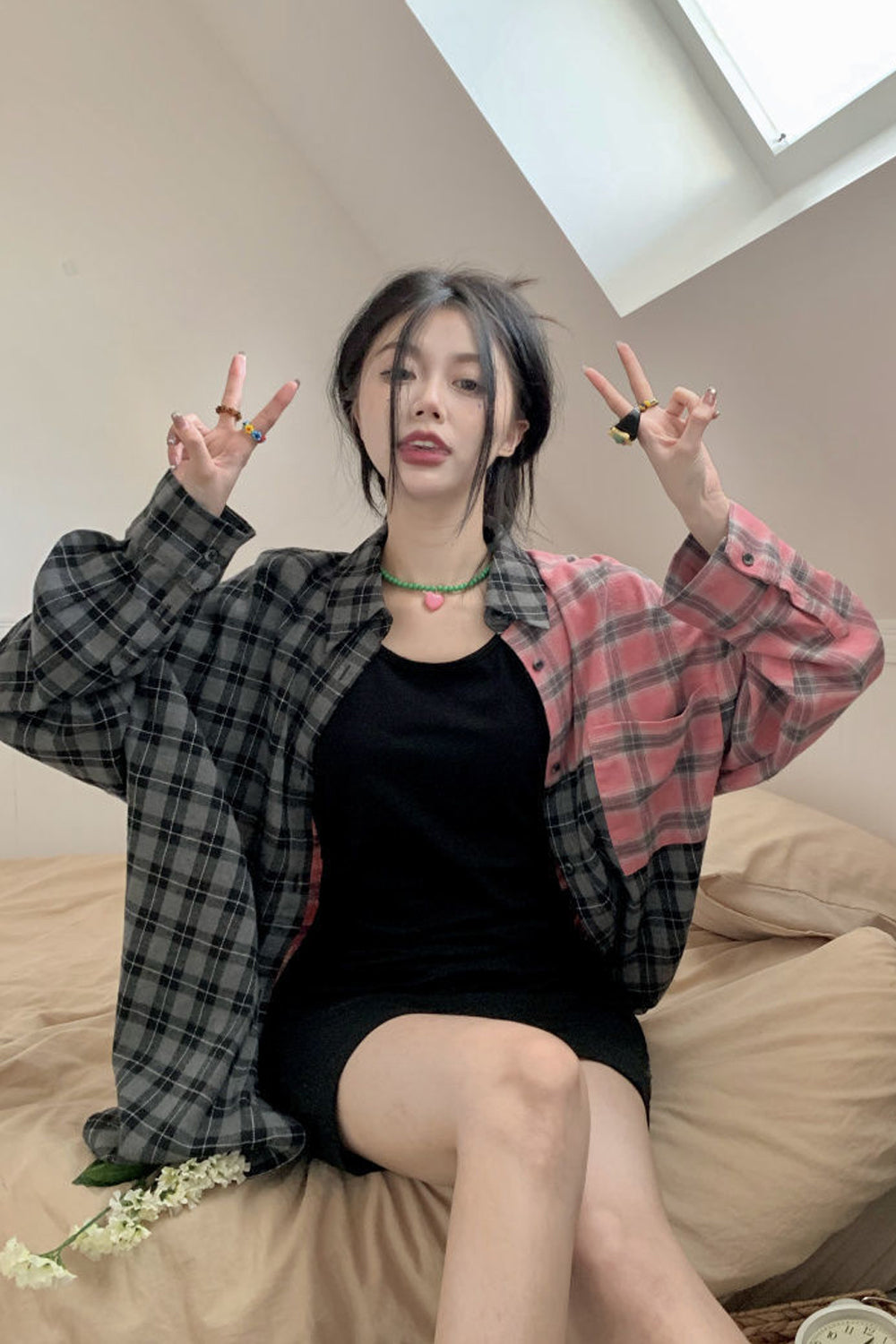 Loose Combine Colors Plaid Blouse Shirt