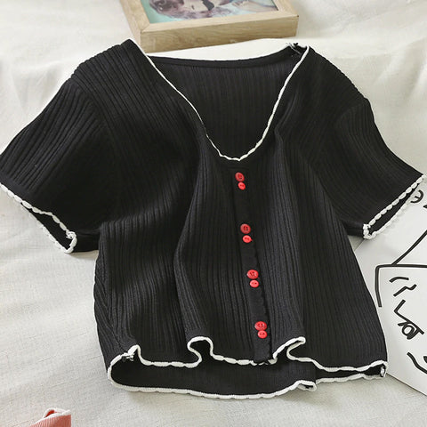 V Neck Slim Button Up Casual Knitted Cropped Shirt