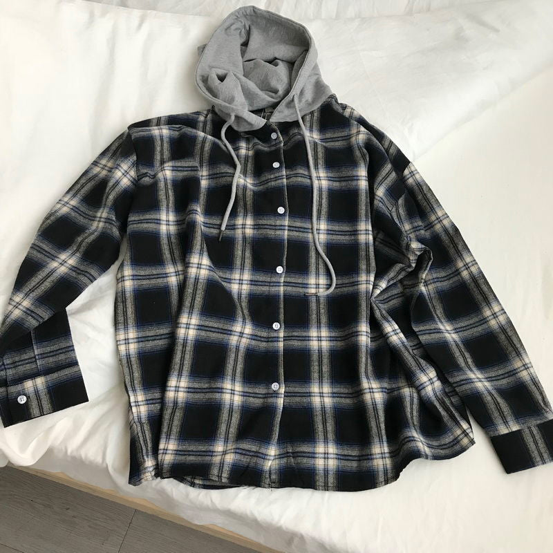 Long Sleeve Plaid Hooded Blouse Shirt