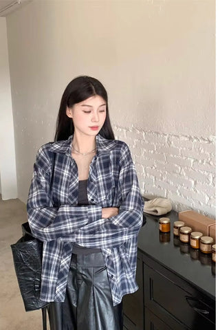 Long Sleeve Loose Retro Plaid Blouse Shirt