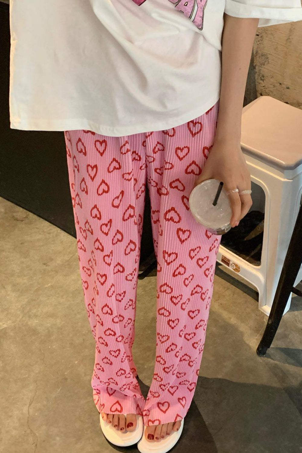 Cute Heart Pattern Long Pink Pants