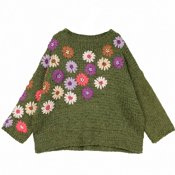 Sexy trägerloser Strickpullover mit Blumenstickerei