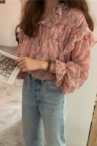 Long Sleeve Ruffled Style Flowers Blouse Shirt