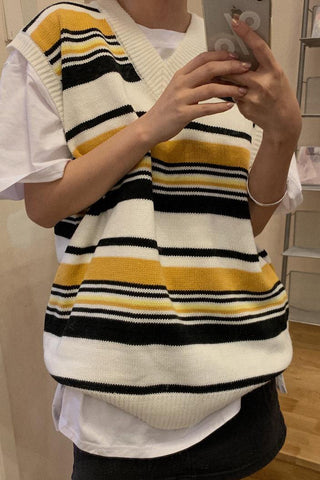 Striped V-Neck Sleeveless Knitted Vest Sweater