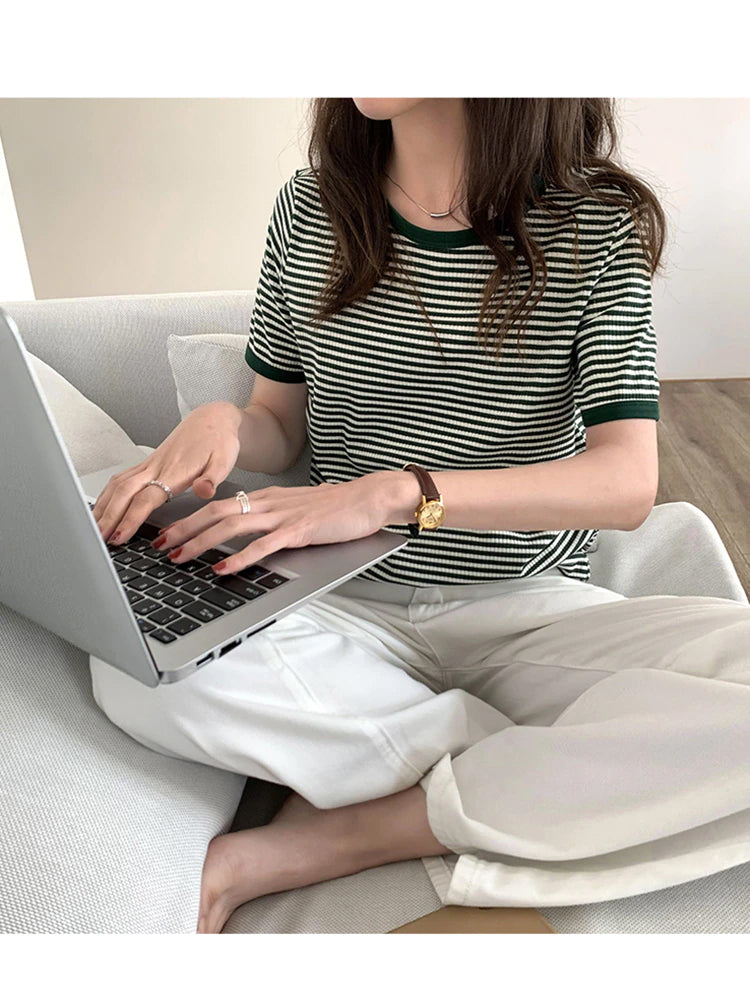 Casual O-Neck Striped Soft Knitted Shirt