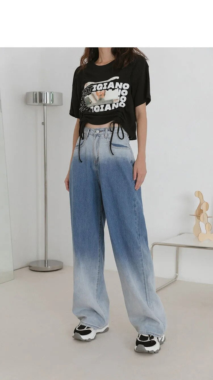 High Waist Vintage Gradient Loose Wide Leg Long Jeans