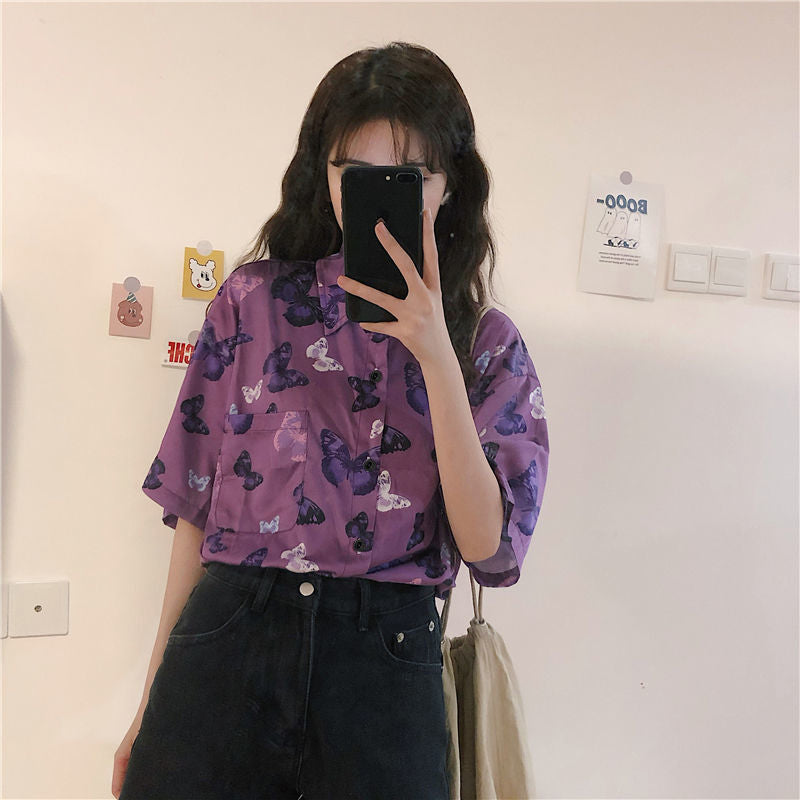 Retro Butterfly Printed Short Sleeve Purple Blouse Shirt
