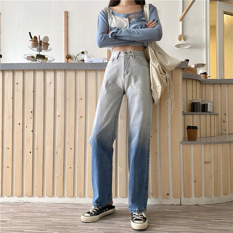 High Waist Blue Gradient Color Jeans Pants