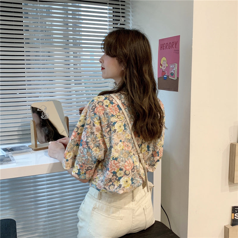 Short Sleeve Floral Pattern Notched Blouse Shirt