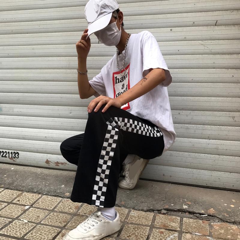 Side Checkerboard Plaid Print Elastic Waist Pants