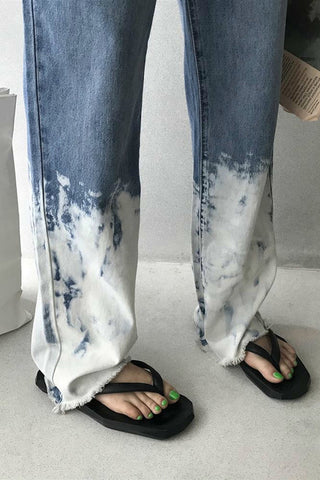 Pantalones vaqueros elegantes de cintura alta con efecto tie-dye blanco 