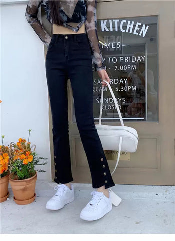 High Waist Slim Button Long Jeans Pants