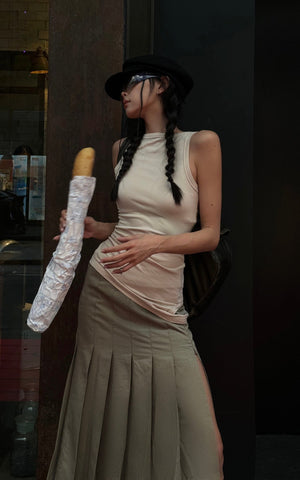 Asymmetrical vest with skirt & pleated skirt set
