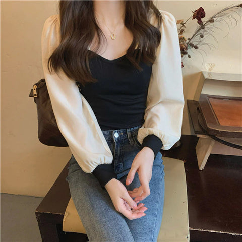 Color Stitching Skinny Chiffon Long Sleeve Shirt