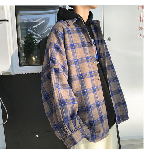 Blue Color Block Plaid Loose Men Fleece Shirt