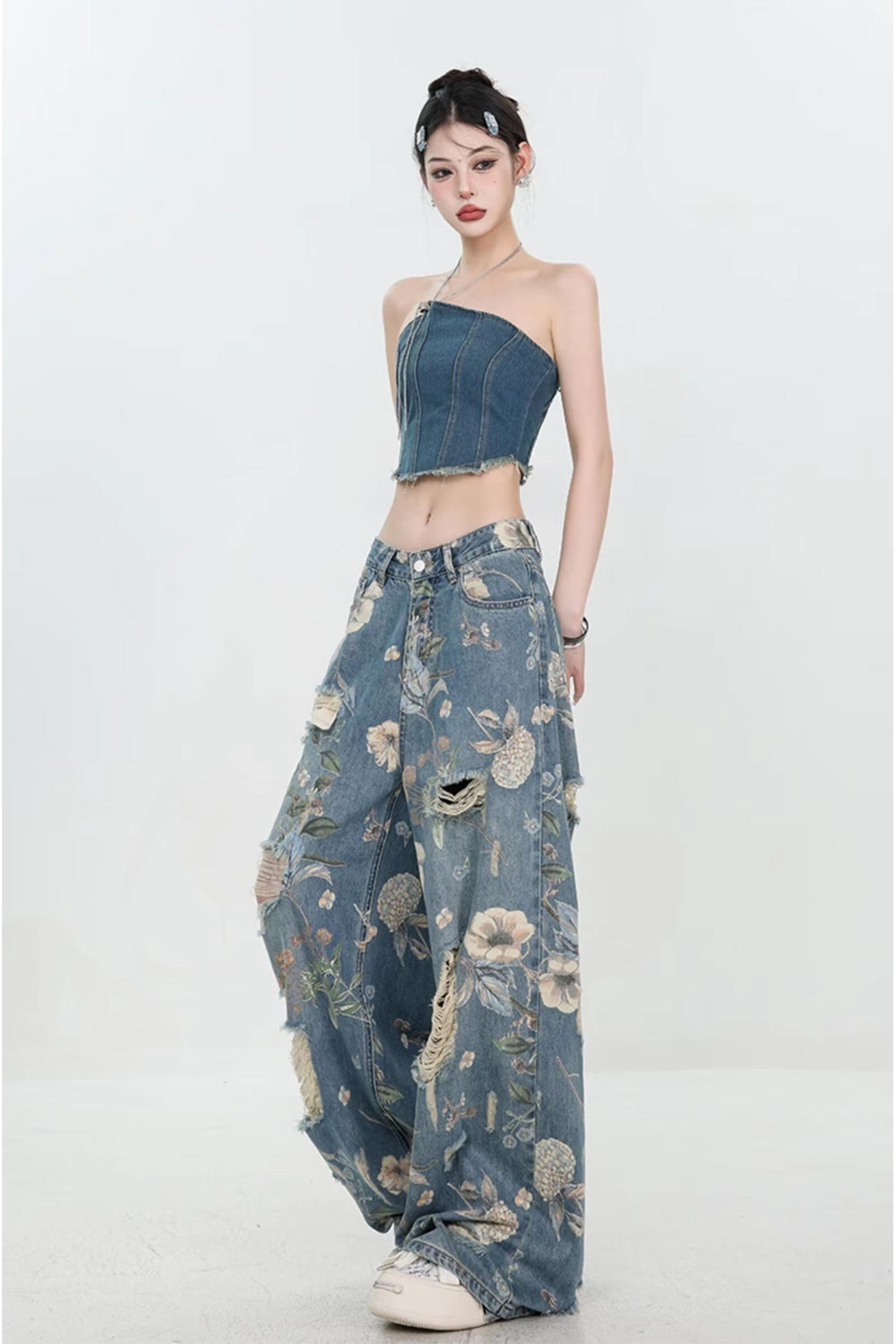 High Waist Floral Pattern Long Ripped Jeans Pants