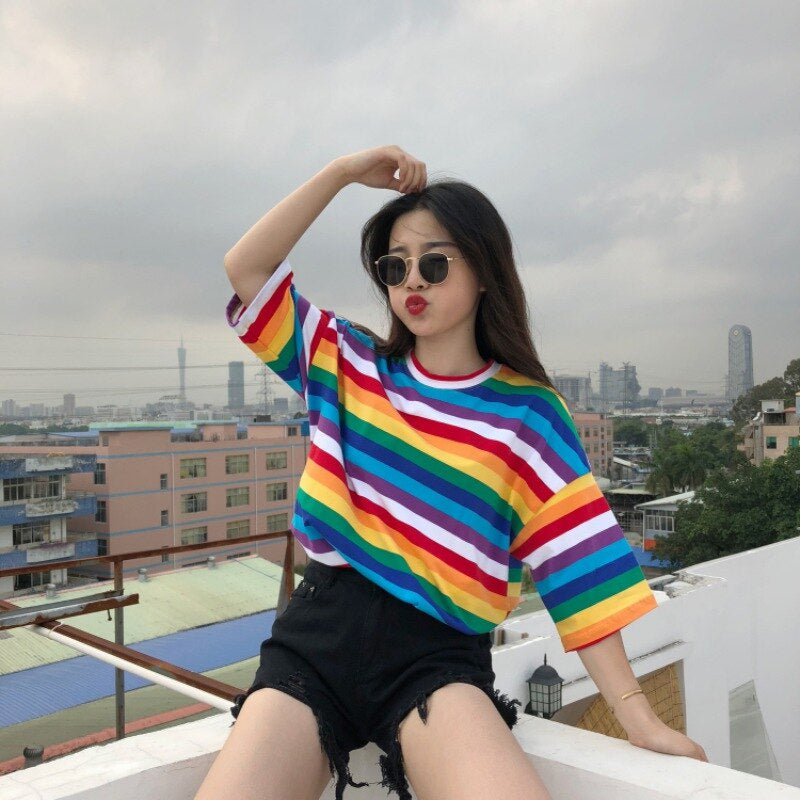 Rainbow Stripe Casual Short Sleeve Shirt