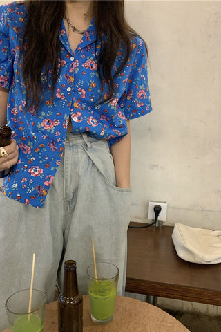 Short Sleeve Floral Pattern Summer Blouse Shirt