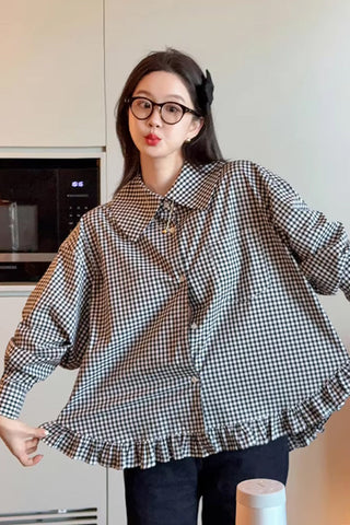 Vintage Plaid Pattern Ruffled Blouse Shirt
