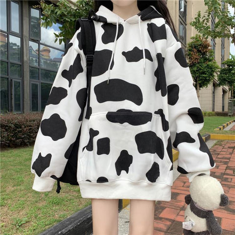 Chaqueta holgada con capucha y estampado de vaca de gran tamaño