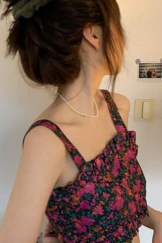 Flower Pattern Sexy Open Back Crop Tops