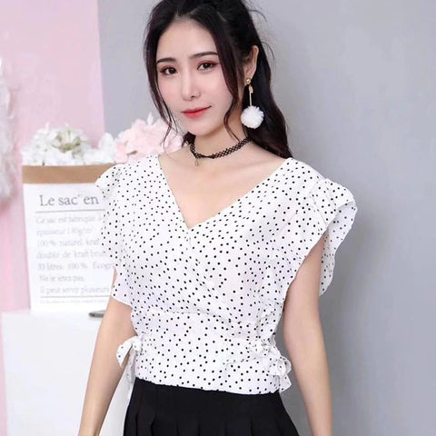 V-Neck Polka Dot Printed Short Sleeve Ruffles Blouse Shirt