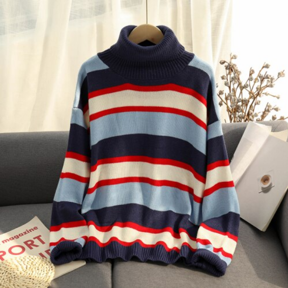 Turtleneck Contrast Color Striped Knitted Sweater