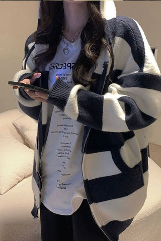 Loose Knitted Zipper Striped Hoodie