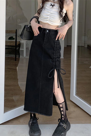 High Waist Rutched Split Long Denim Skirts