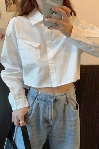 Long Sleeve Cropped White Blouse Shirt