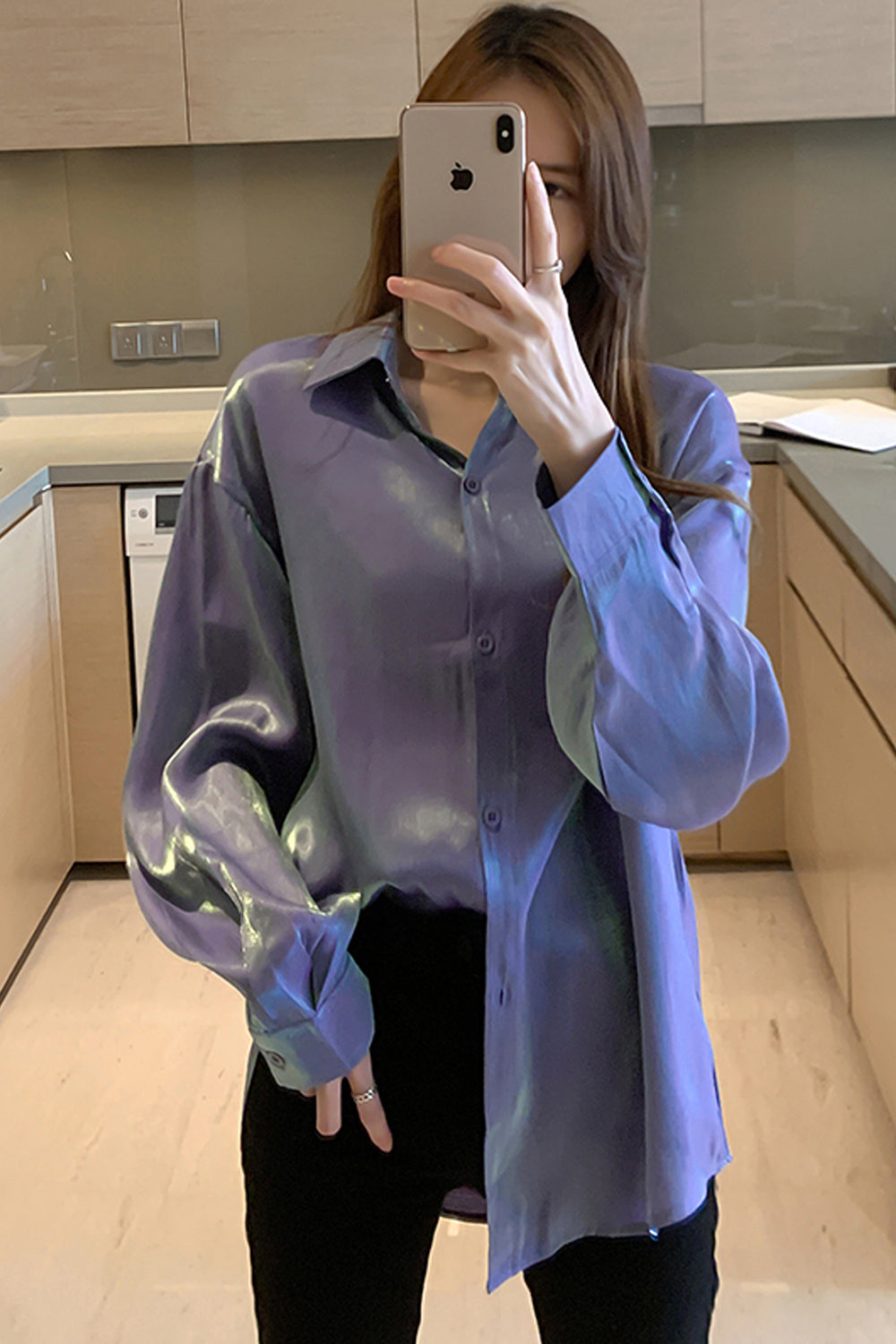 Long Sleeve Glossy Color Satin Blouse Shirt