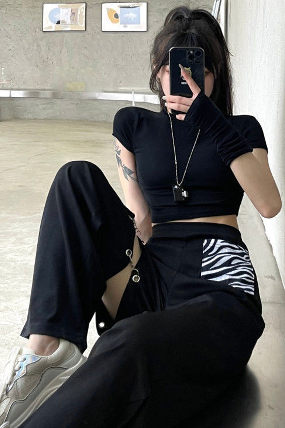 Hollow Out Black Wide Leg Cargo Pants