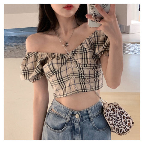 Sexy Puff Sleeve Plaid Crop Tops