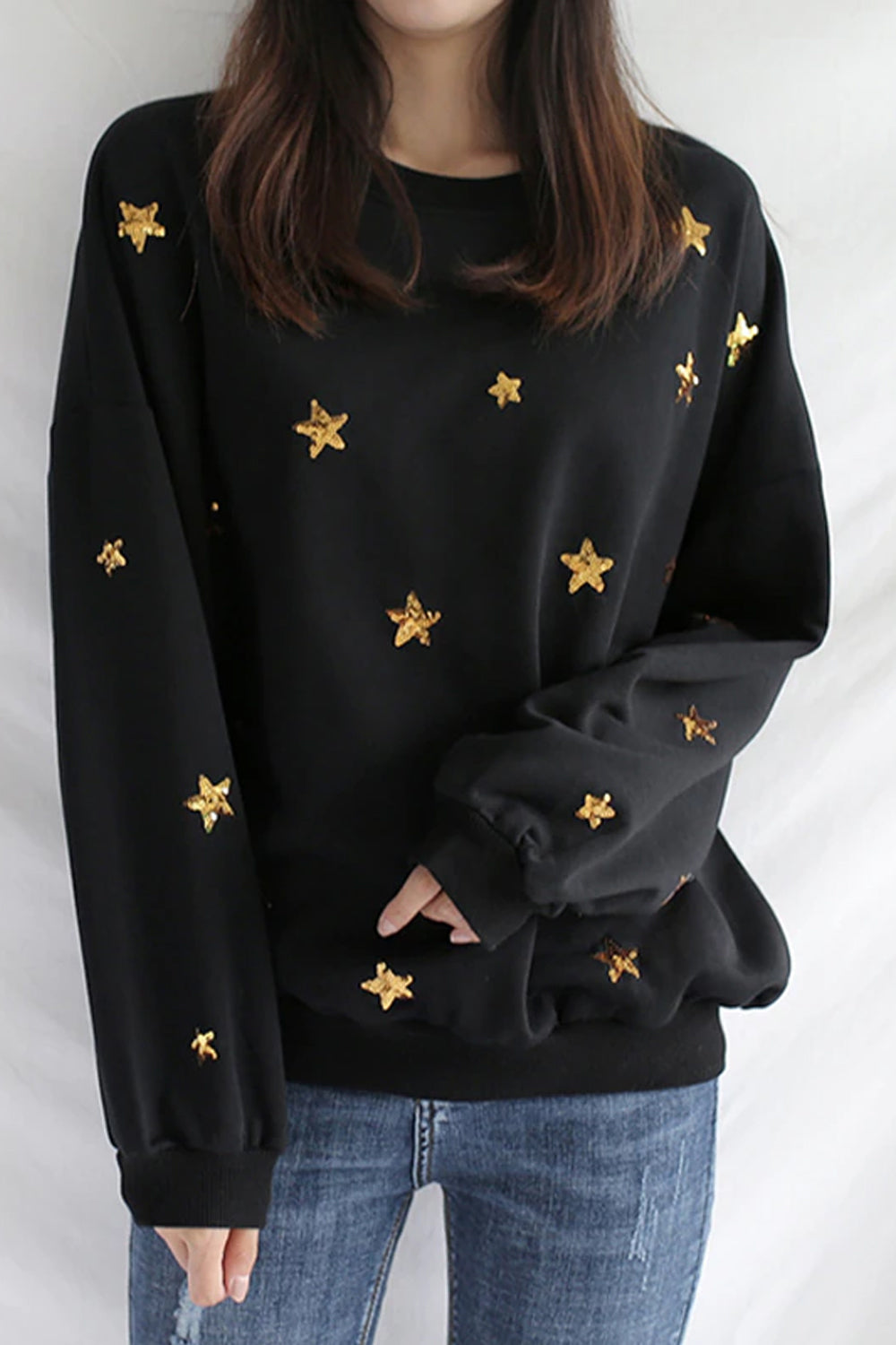 Stars Sequined Loose Black Sweatshirt