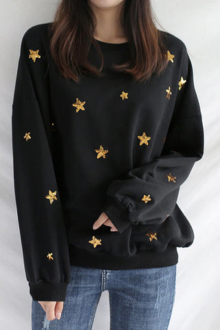 Stars Sequined Loose Black Sweatshirt