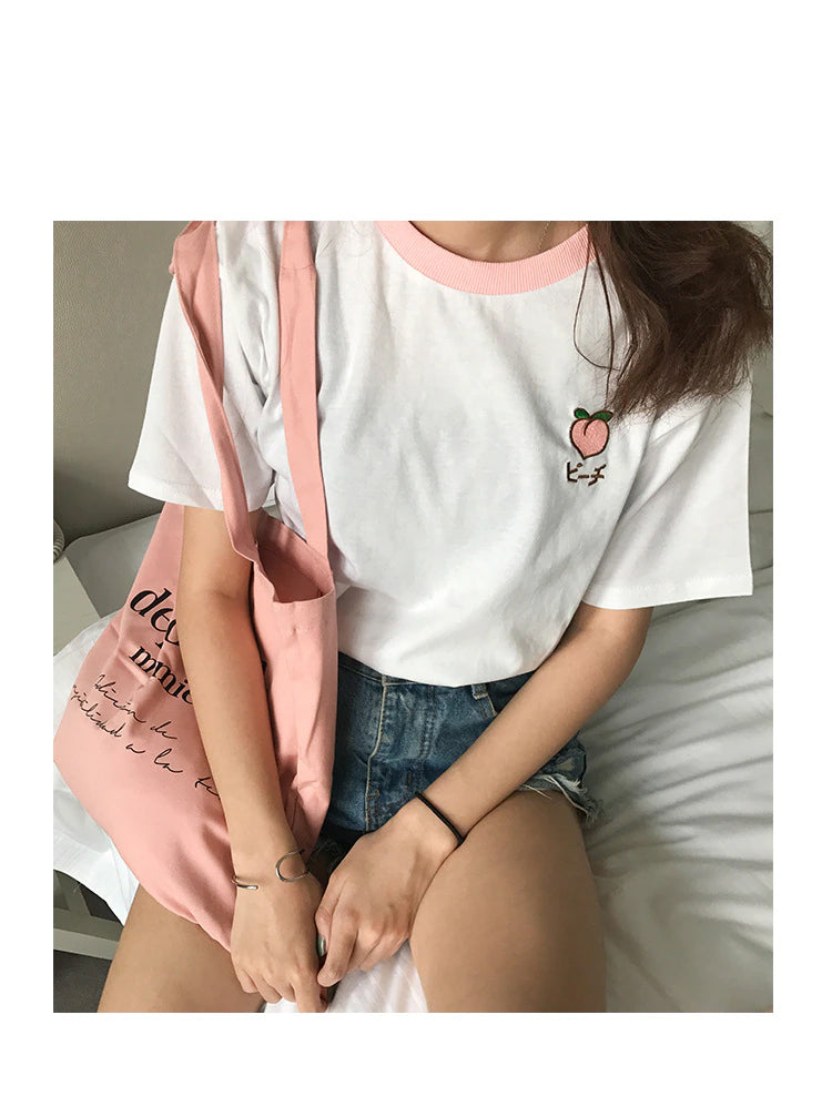 Fruit Embroidered Casual Ringer Shirt