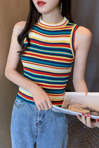 O-Neck Sleeveless Striped Crop Tops