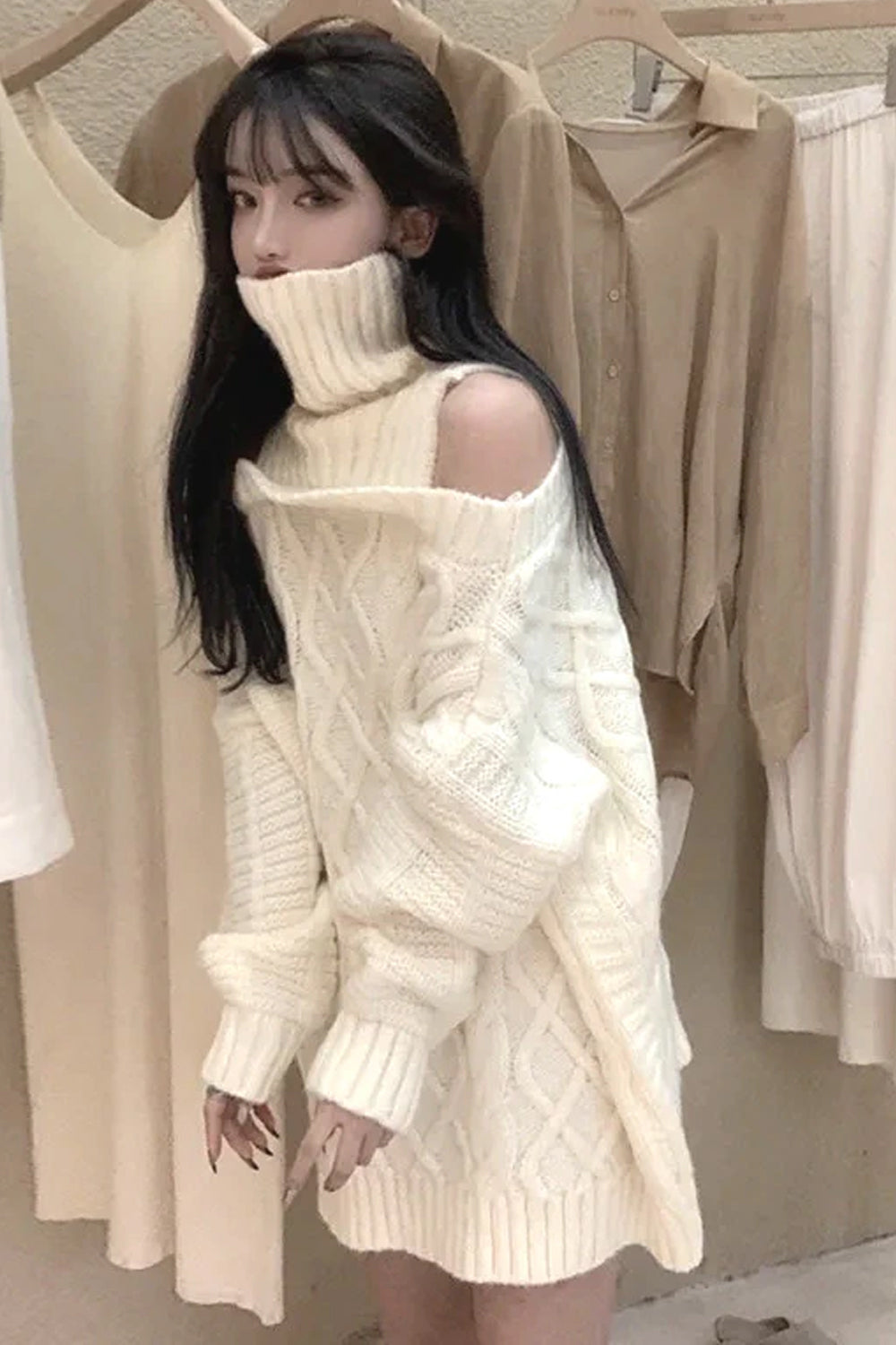 Sexy Off Shoulder  Turtleneck Knitted Sweater