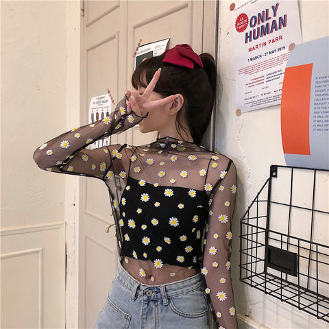 Long Sleeve Daisy Flower Pattern Transparent Shirt