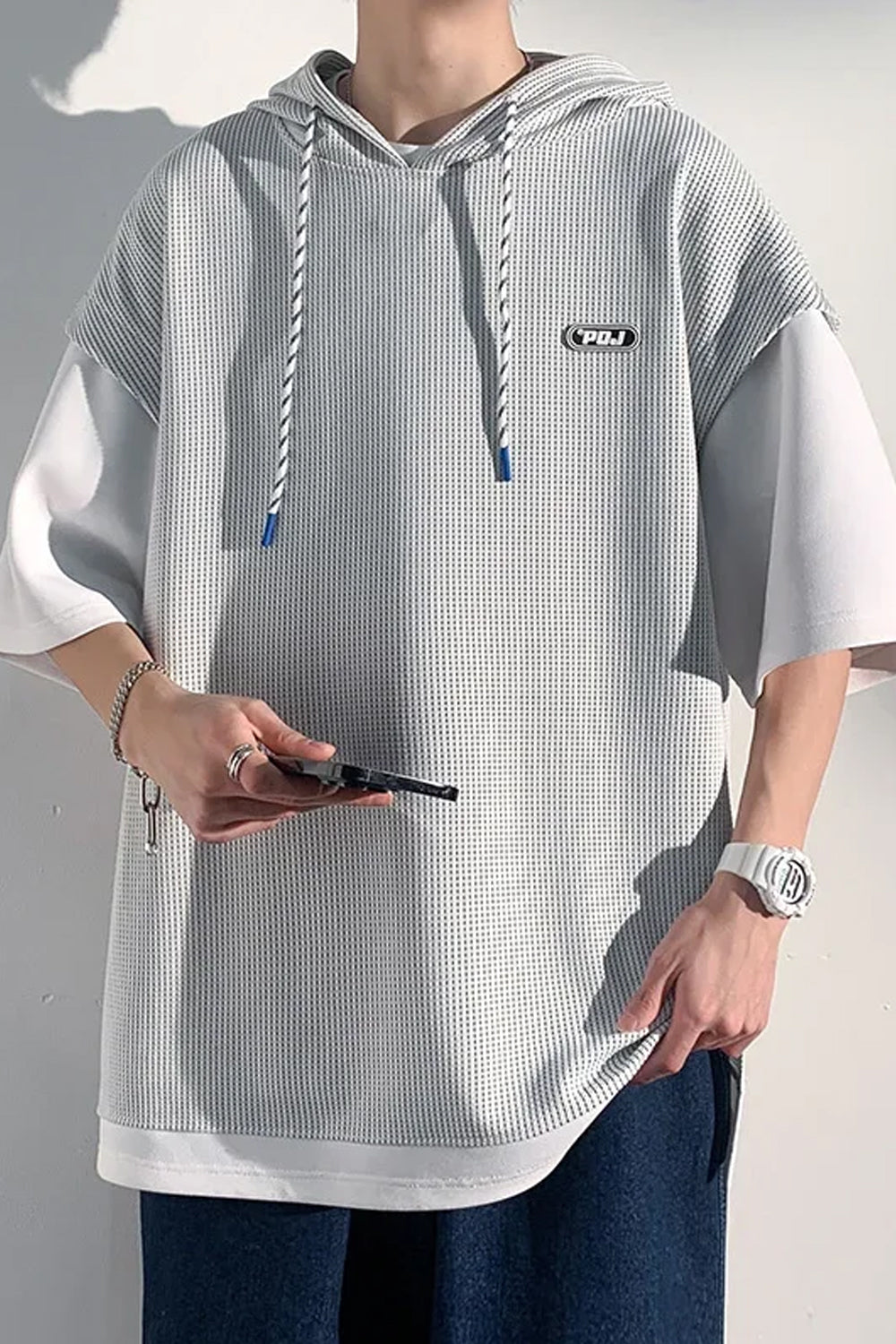 Short Sleeve Two Style Hooded Waffle Shirt