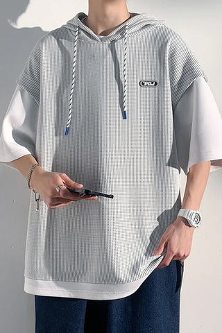 Short Sleeve Two Style Hooded Waffle Shirt