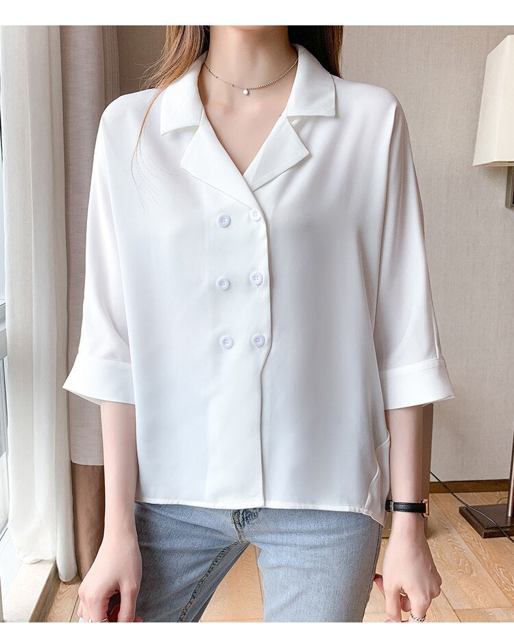 Half Sleeve Notched Collar Office Blouse Shirt