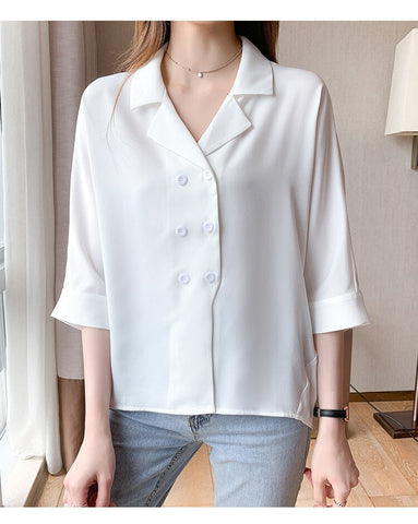 Half Sleeve Notched Collar Office Blouse Shirt
