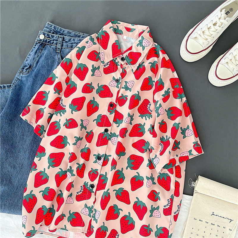Cute Strawberry Printed Short Sleeve Blouse Shirt