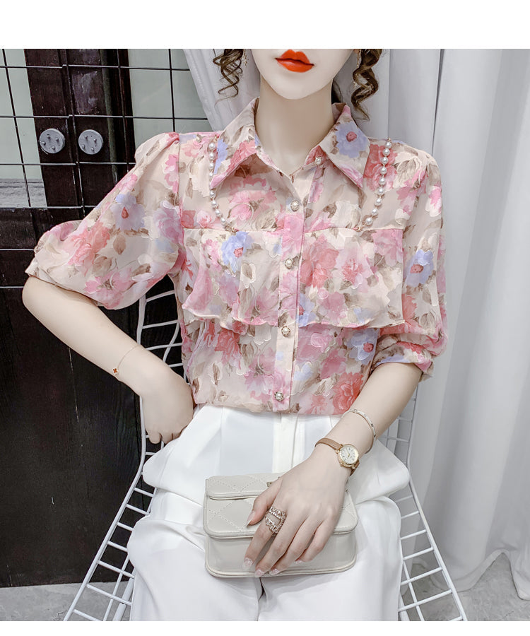 Blusa de gasa con volantes y cuentas de perlas 