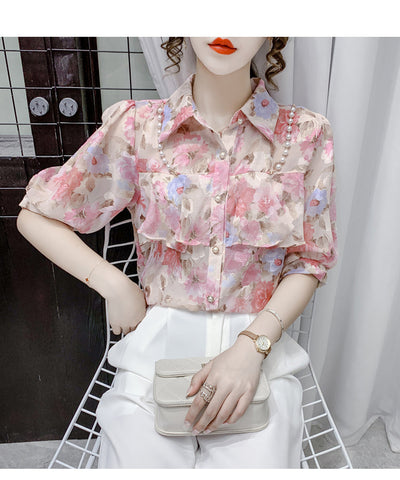Blusa de gasa con volantes y cuentas de perlas 